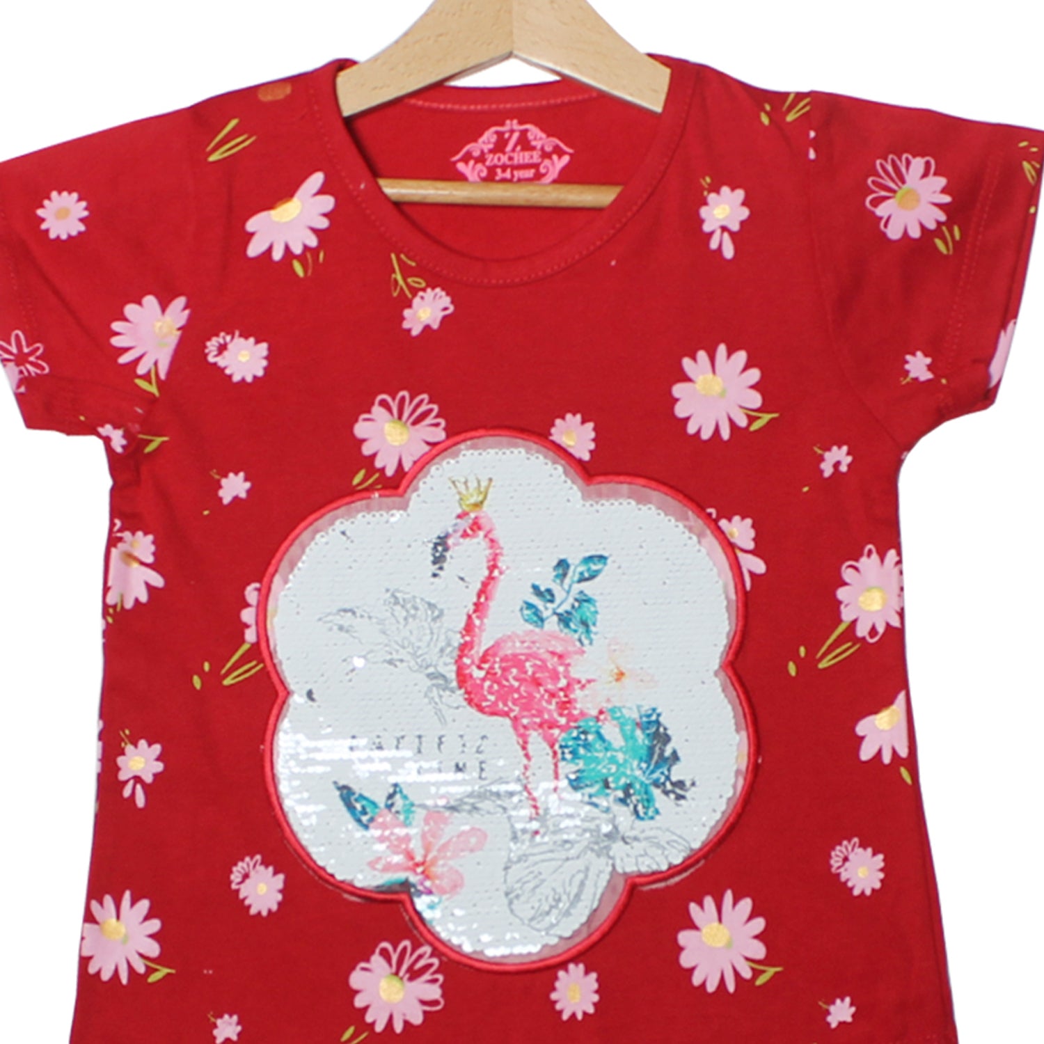 NEW RED FLOWER WITH SWAN PATCH PRINTED T-SHIRT TOP FOR GIRLS
