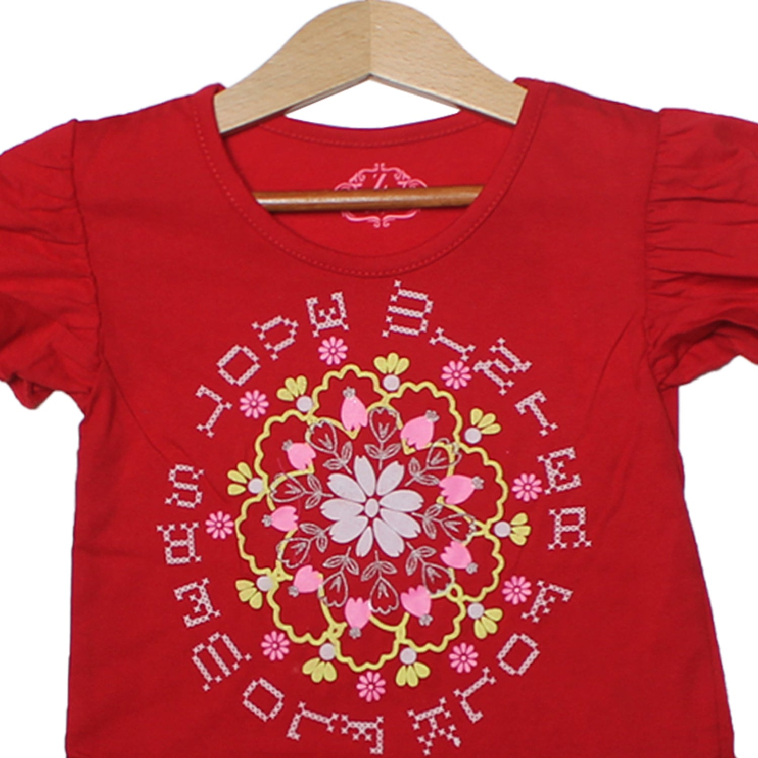 NEW RED ROUND FLOWER PRINTED T-SHIRT TOP FOR GIRLS