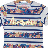 NEW WHITE WITH STRIPES AWESOME FLOWERS PRINTED T-SHIRT
