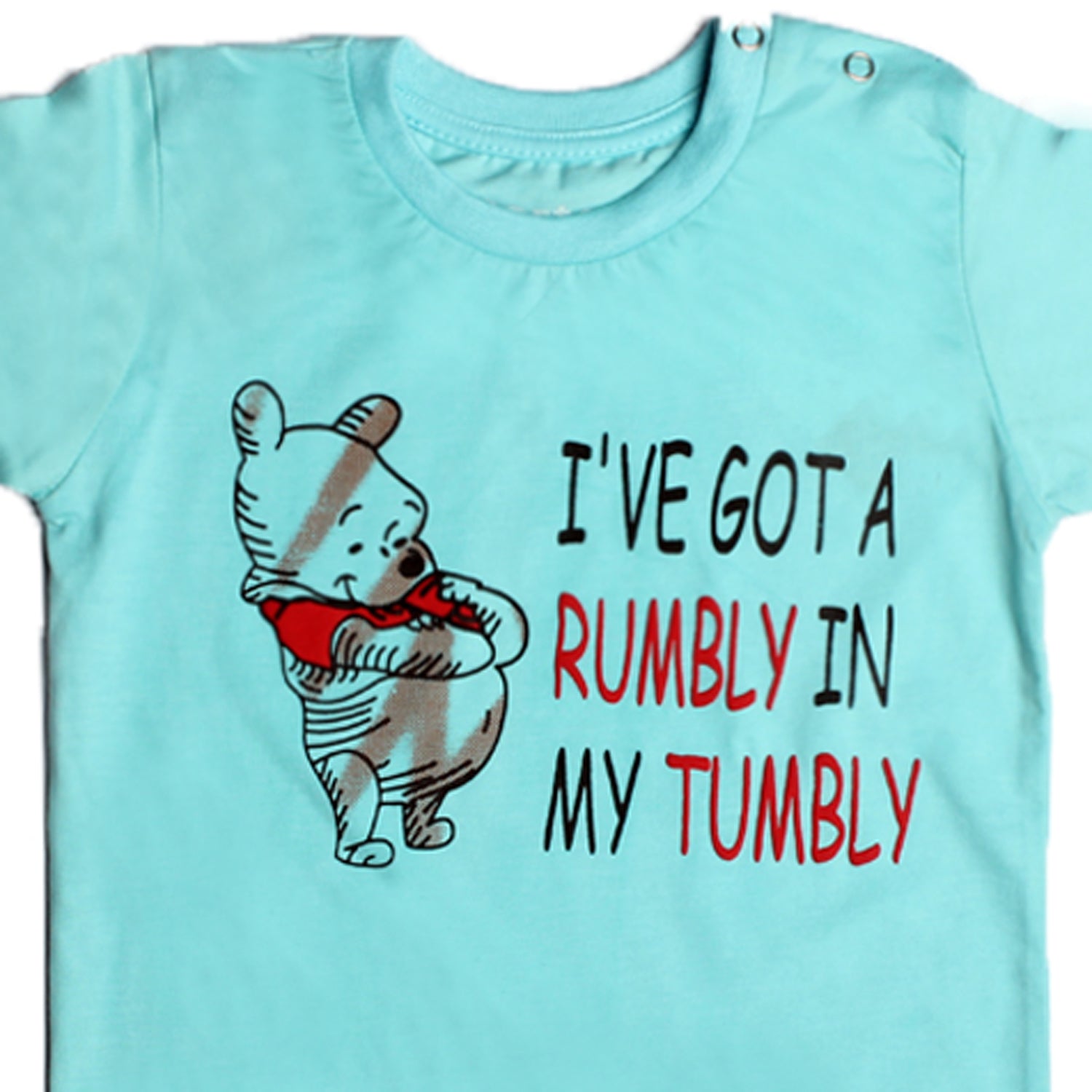NEW SKY BLUE I'VE GOT A RUMBLY IN A MY TUMBLY PRINTED HALF SLEEVES T-SHIRT