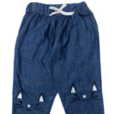 NEW DENIM DARK BLUE CAT KNEE EMBROIDED PAJAMA FOR GIRLS