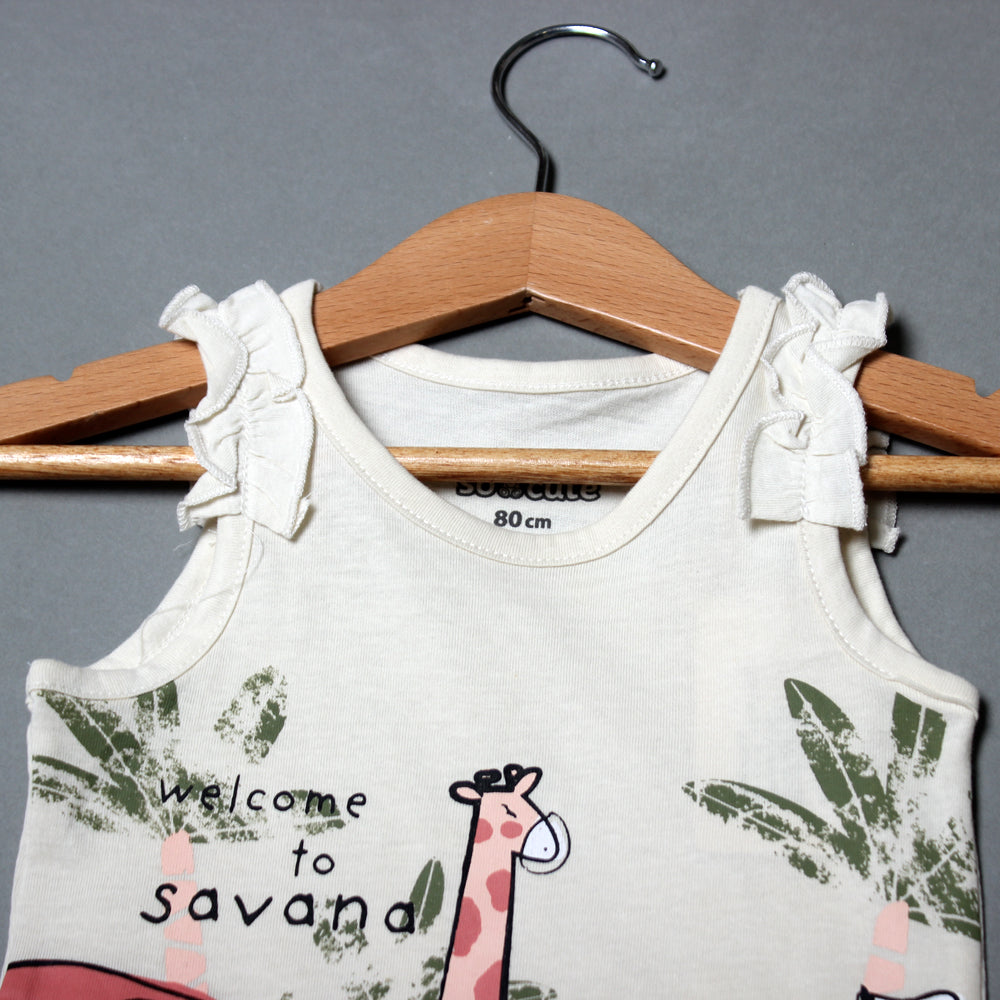 CREAM WELCOME TO SAVANA ANIMALS PRINTED ROMPER FOR GIRLS