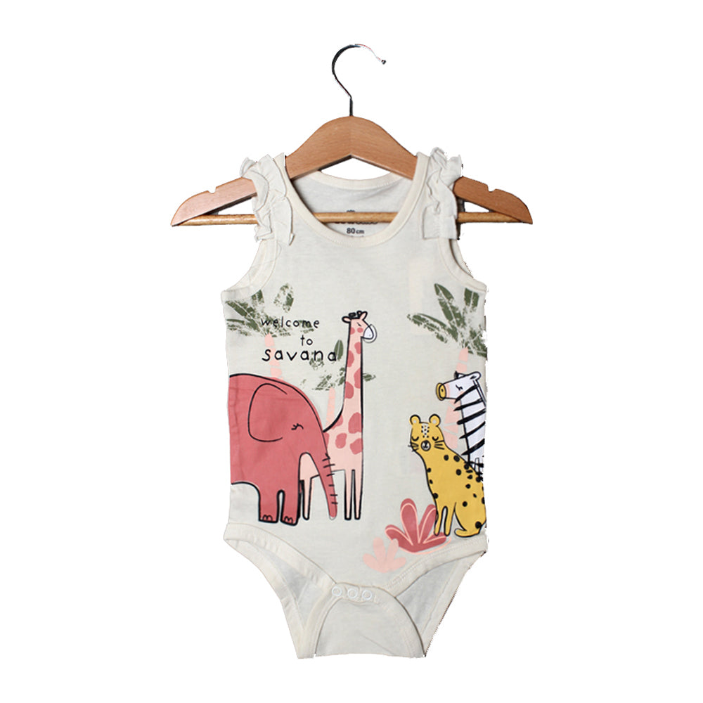 CREAM WELCOME TO SAVANA ANIMALS PRINTED ROMPER FOR GIRLS