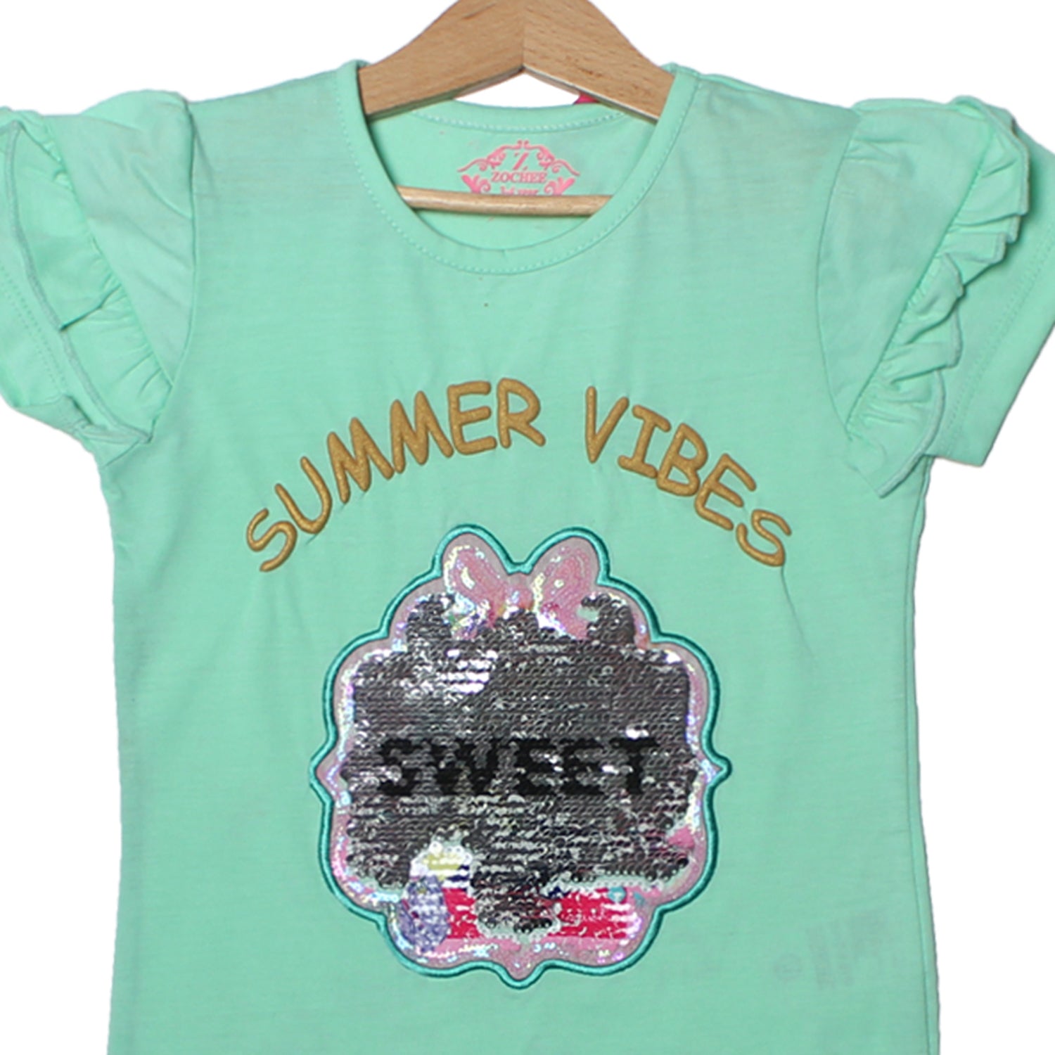 NEW SEA GREEN SUMMER VIBES PATCH PRINTED T-SHIRT TOP FOR GIRLS