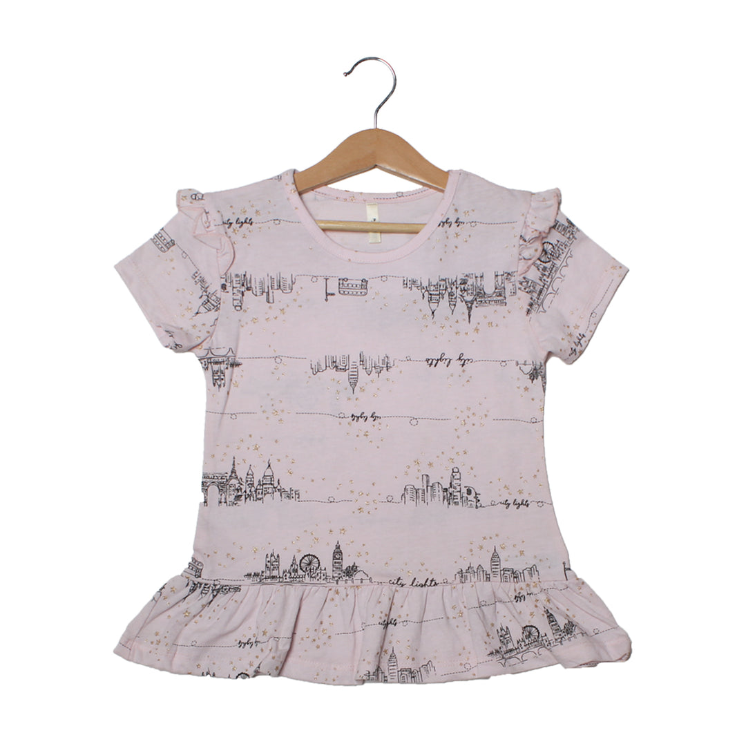 NEW LIGHT PINK CITY LIGHTS PRINTED T-SHIRT TOP