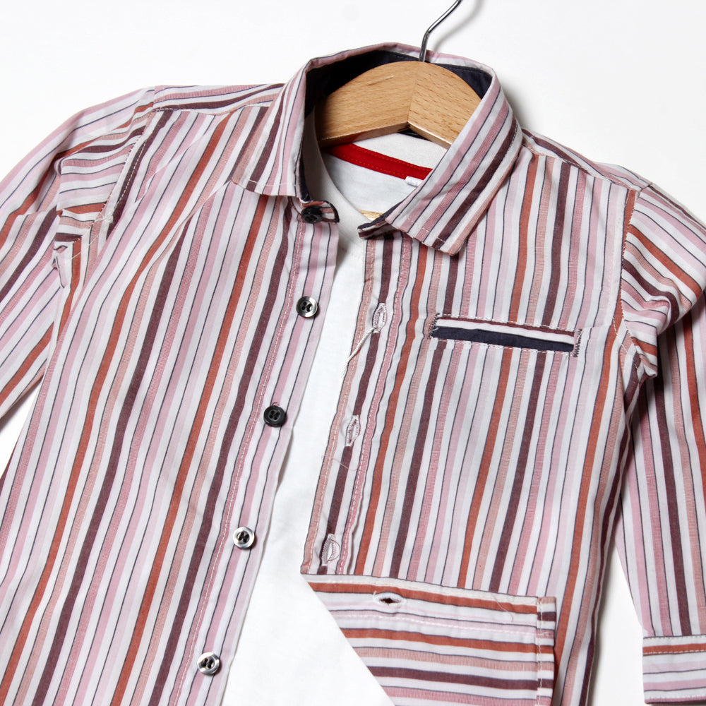 NEW PINK WITH MULTI STRIPES & POCKET FULL SLEEVES CASUAL SHIRT FOR BOYS