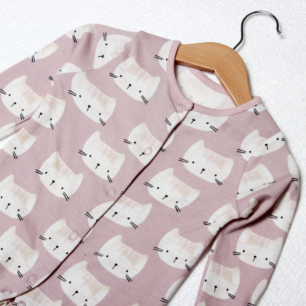 NEW PINK CAT FACE PRINTED FULL BODY FULL SLEEVES ROMPERS