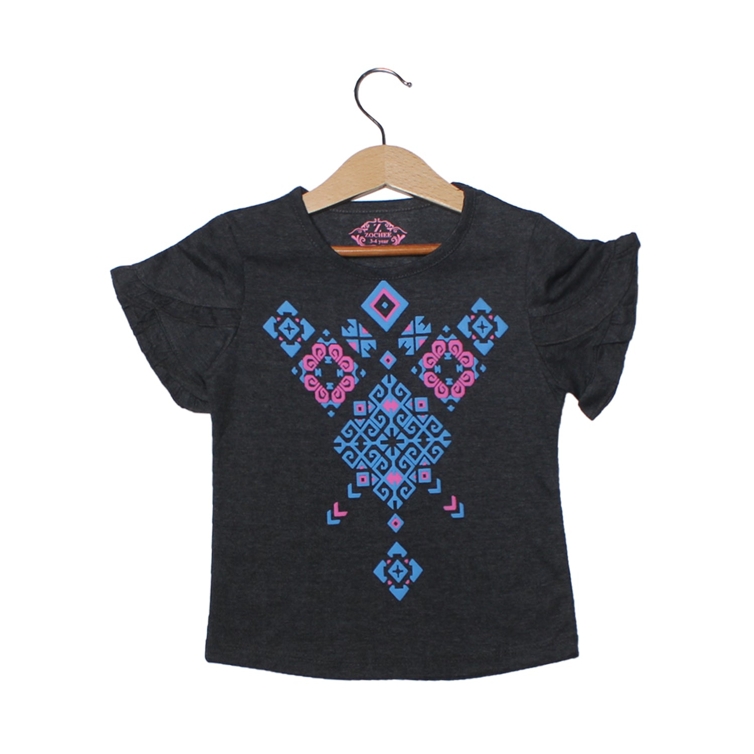 NEW CHARCOAL GREY BLUE DESIGN PRINTED T-SHIRT TOP FOR GIRLS
