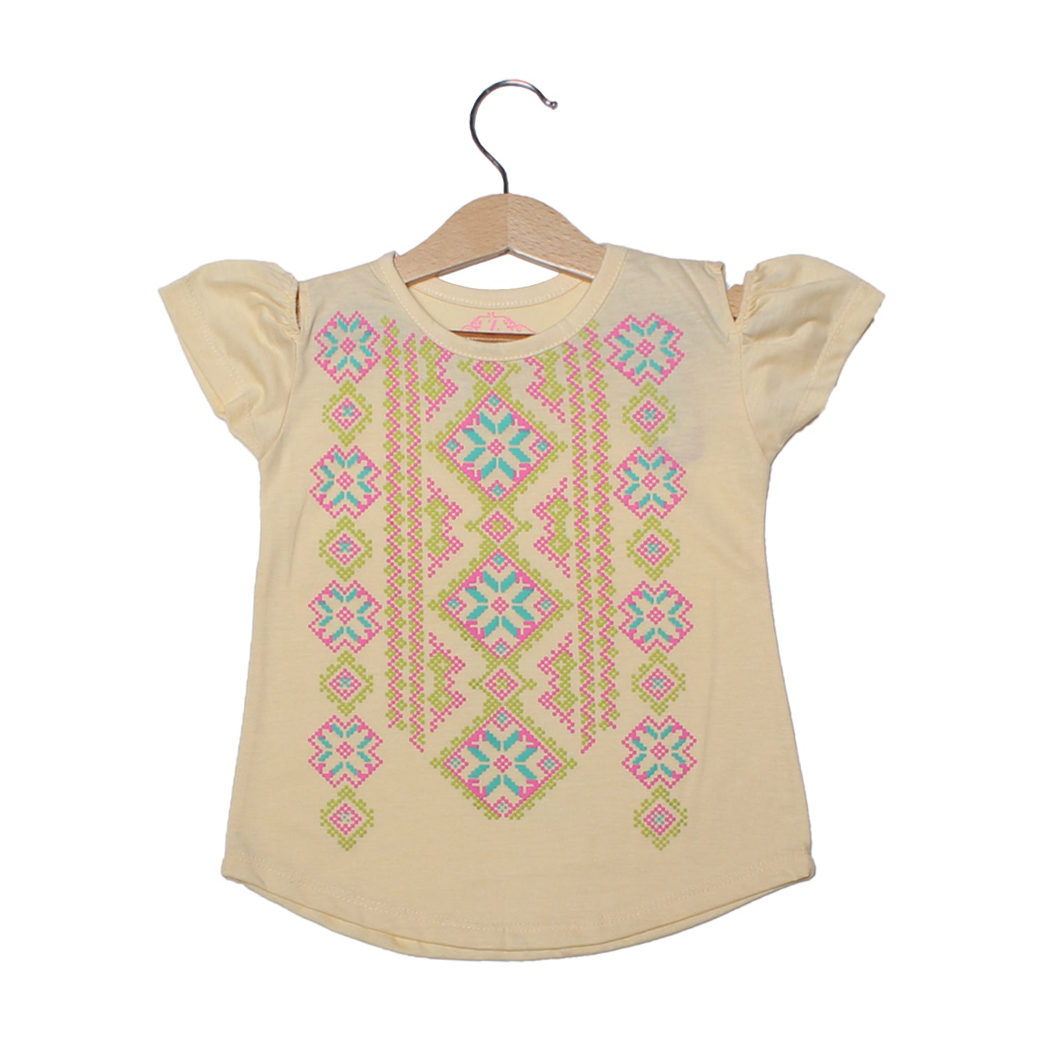 NEW CREAM COLD SHOULDER DESIGN PRINTED T-SHIRT TOP FOR GIRLS