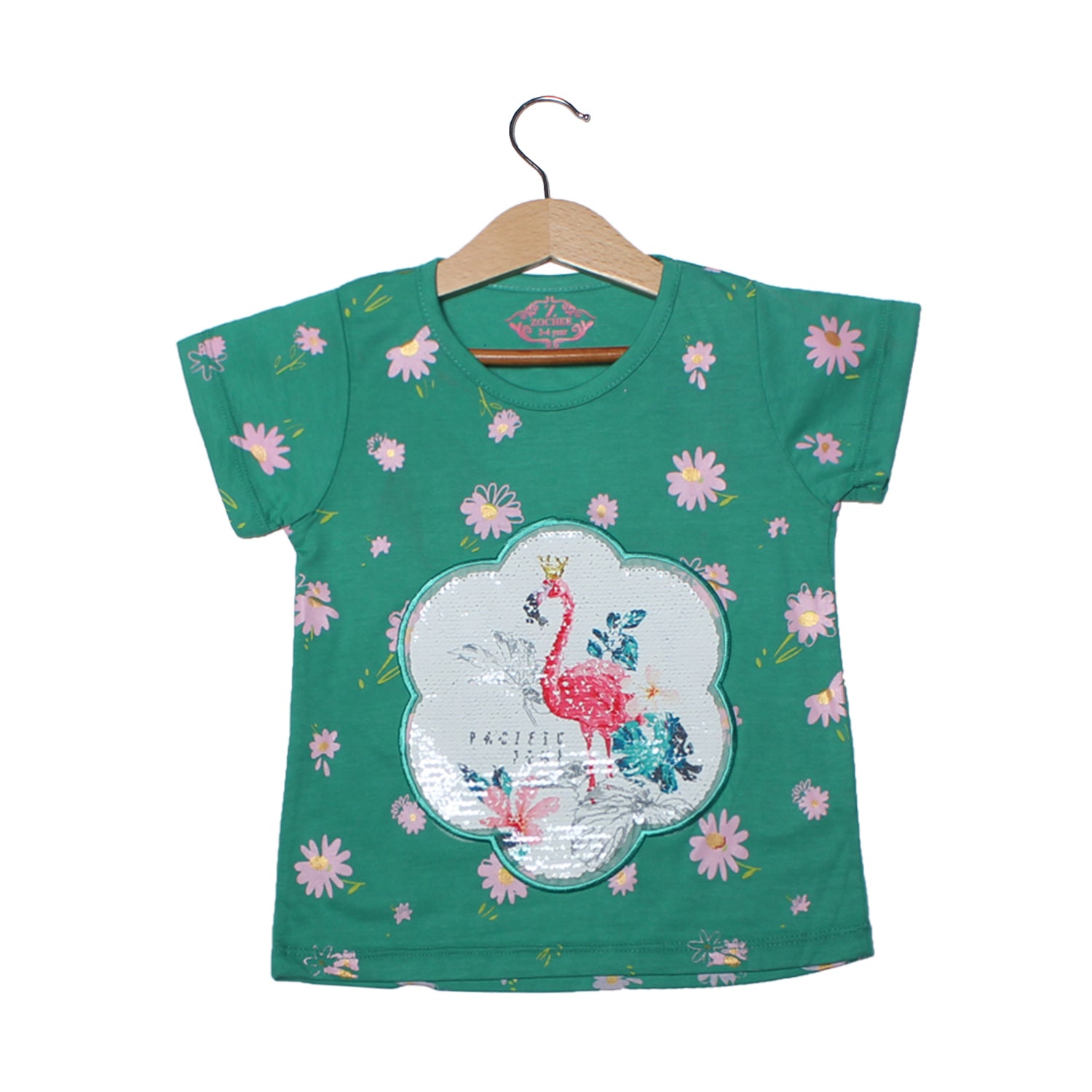 NEW GREEN FLOWER PATCH PRINTED T-SHIRT TOP FOR GIRLS