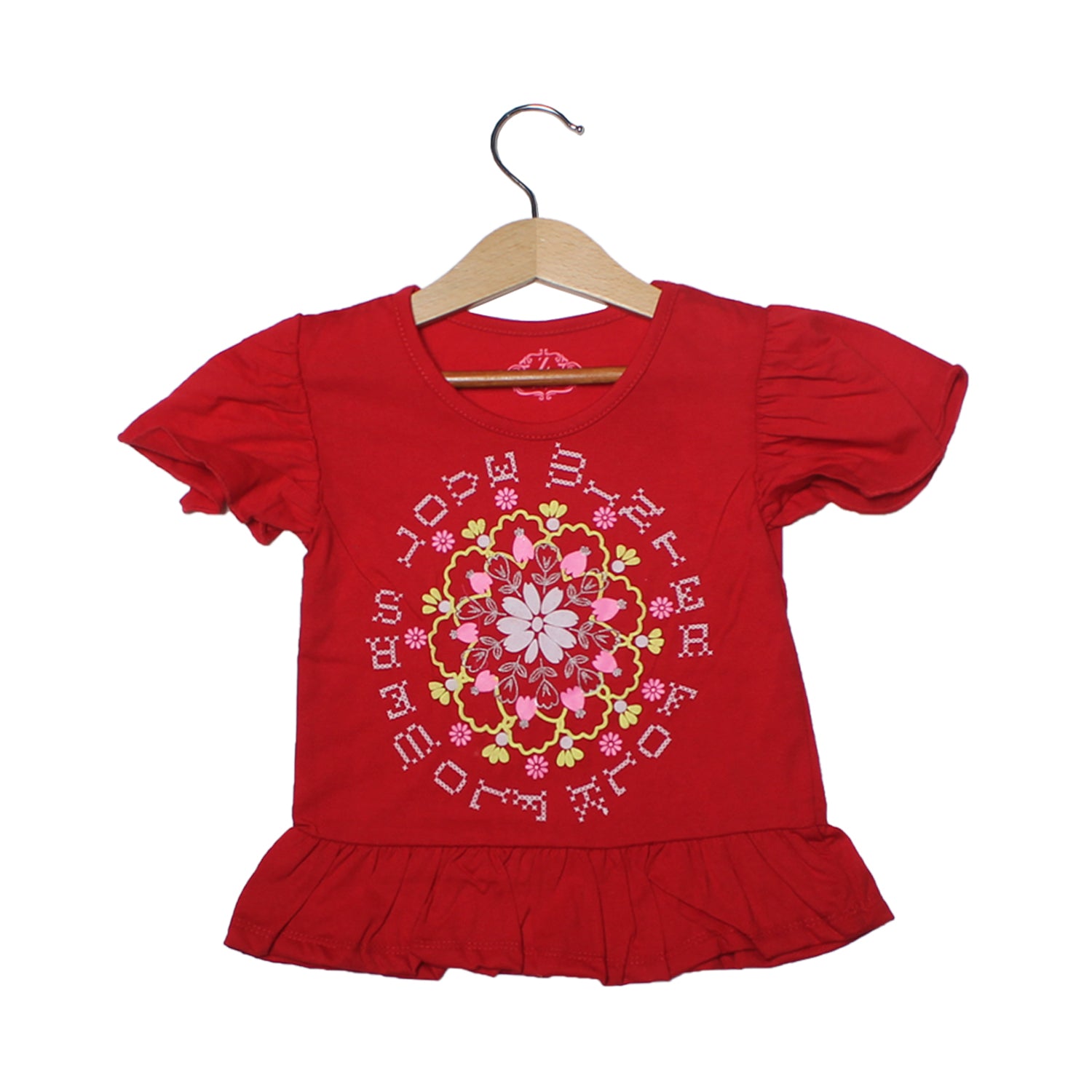 NEW RED ROUND FLOWER PRINTED T-SHIRT TOP FOR GIRLS