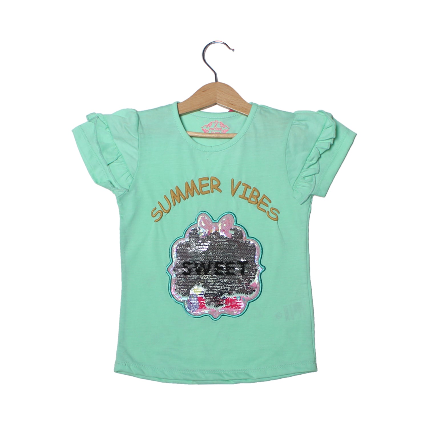 NEW SEA GREEN SUMMER VIBES PATCH PRINTED T-SHIRT TOP FOR GIRLS