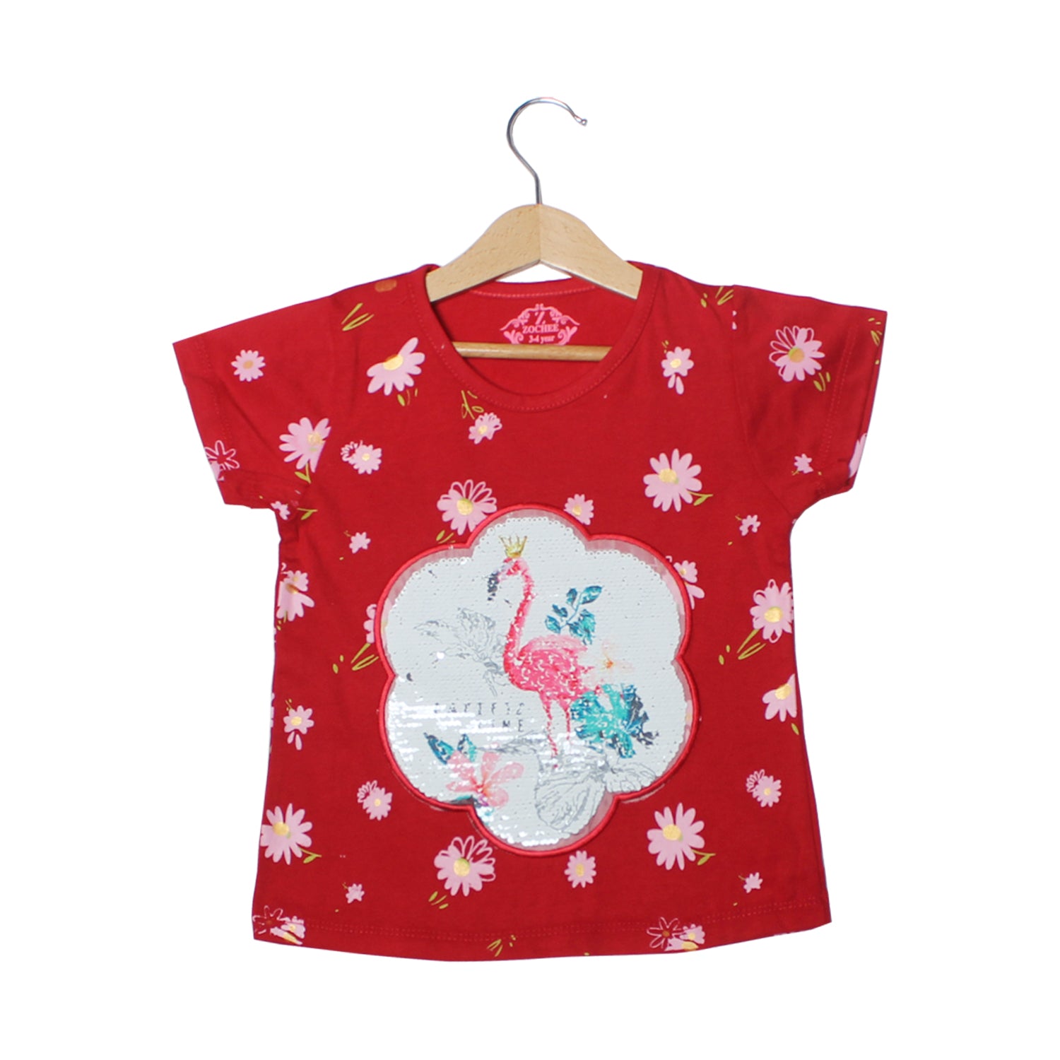 NEW RED FLOWER WITH SWAN PATCH PRINTED T-SHIRT TOP FOR GIRLS