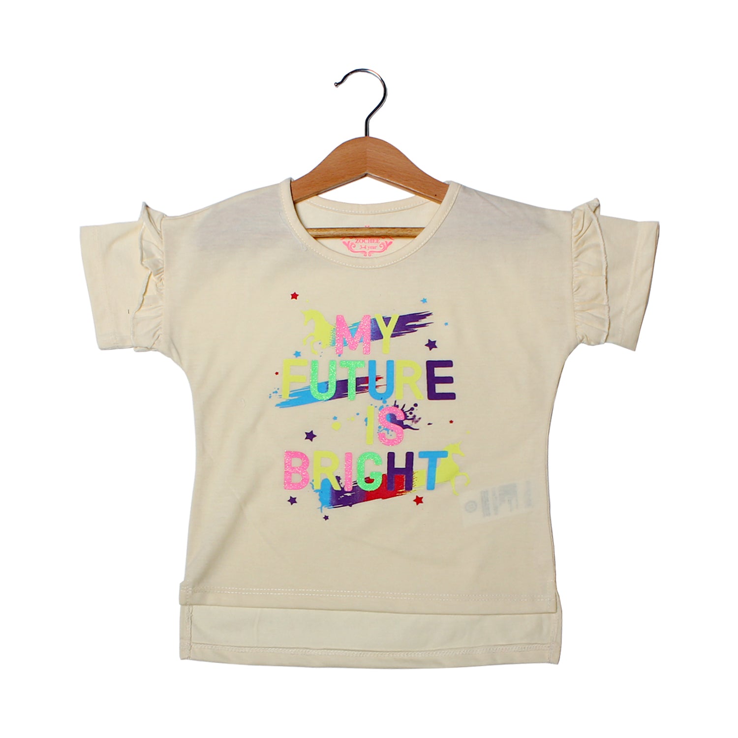 NEW CREAM MY FUTURE IS BRIGHT PRINTED T-SHIRT TOP FOR GIRLS