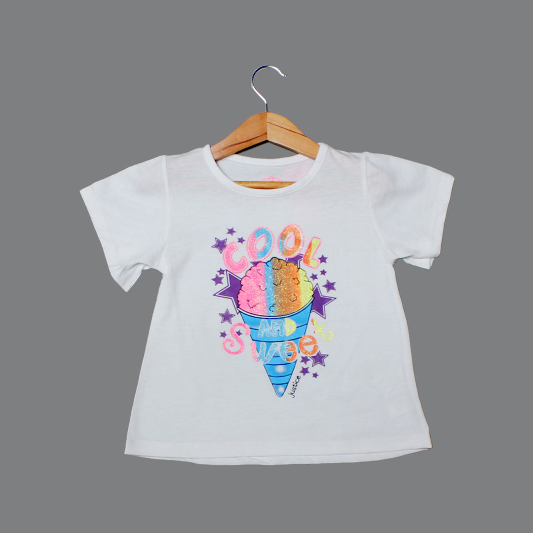 NEW WHITE COOL AND SWEET CONE PRINTED T-SHIRT TOP FOR GIRLS