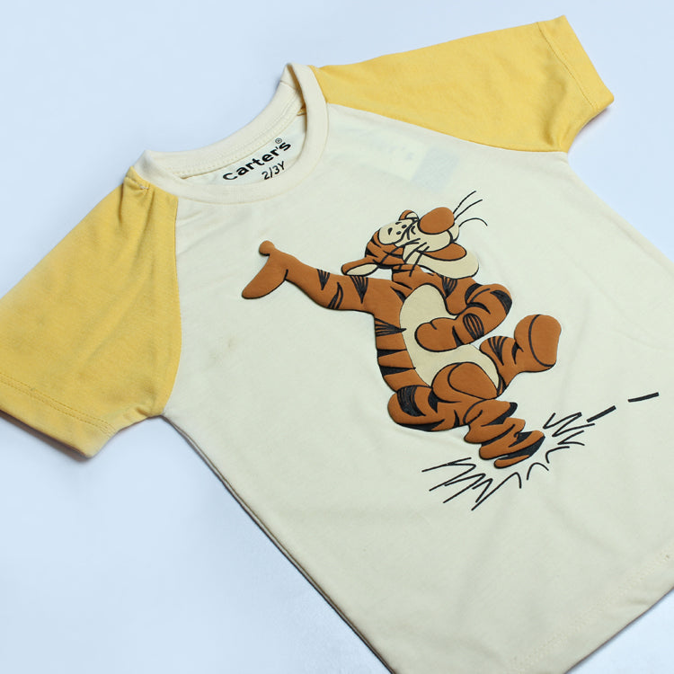 NEW CREAM WITH YELLOW SLEEVES TIGER PRINTED HALF SLEEVES T-SHIRT