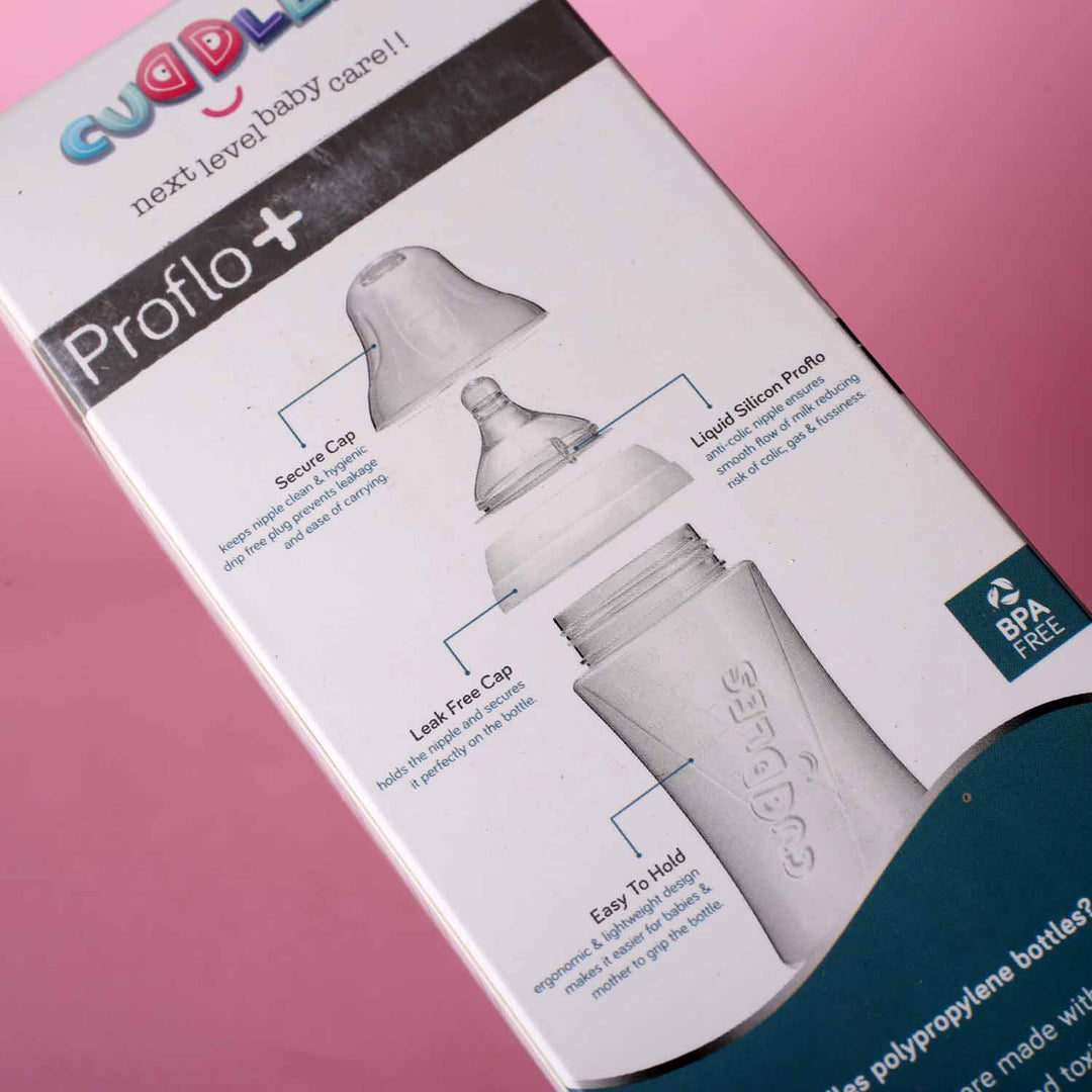Cuddles Essential Feeding Bottle | 260ml | 90z White Pink & Blue