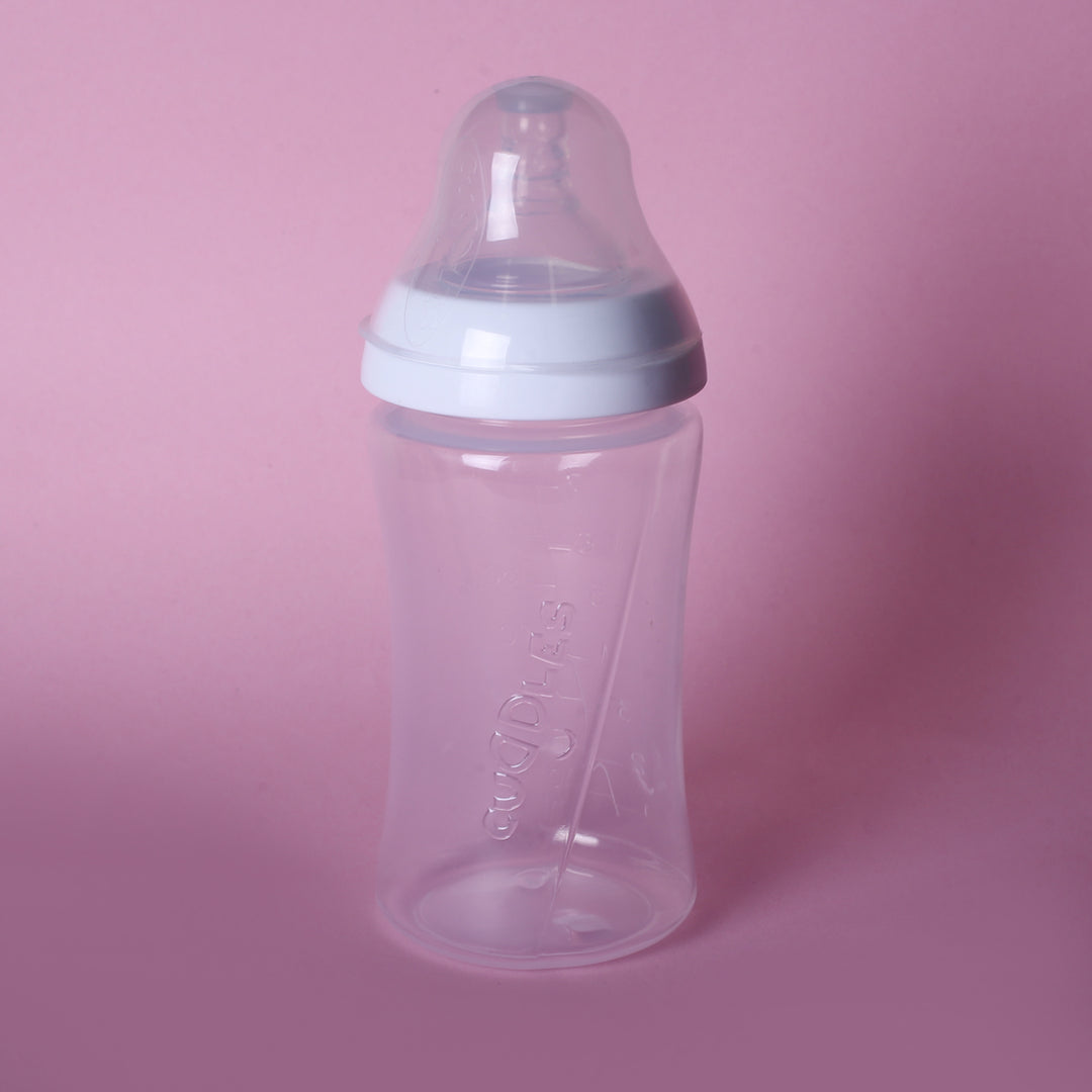 Cuddles Essential Feeding Bottle | 260ml | 90z White Pink & Blue