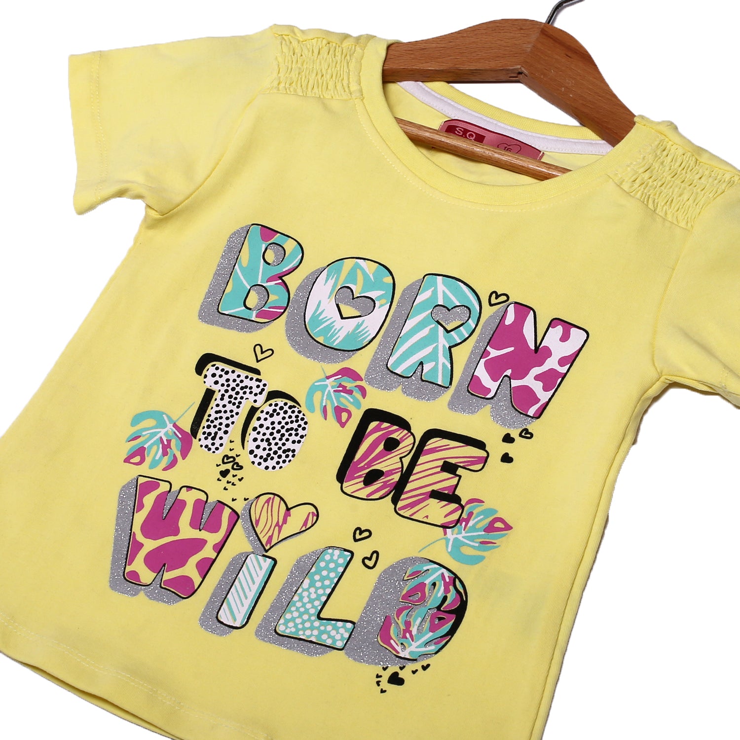 NEW YELLOW BORN TO BE WILD PRINTED LYCRA FABRIC T-SHIRT FOR GIRLS