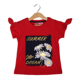 NEW RED SUMMER DREAM PRINTED LYCRA FABRIC T-SHIRT FOR GIRLS