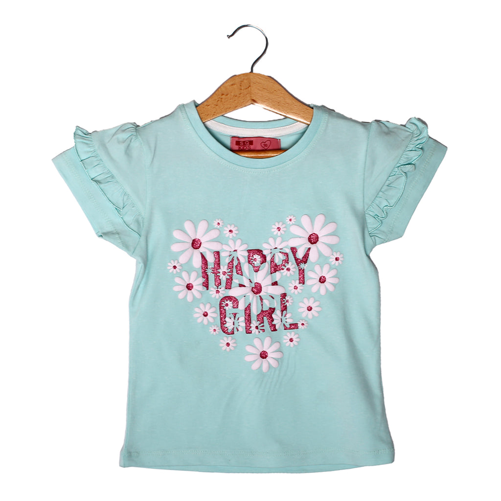 NEW SKY BLUE HAPPY GIRL HEART PRINTED LYCRA FABRIC T-SHIRT FOR GIRLS