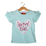 NEW SKY BLUE HAPPY GIRL HEART PRINTED LYCRA FABRIC T-SHIRT FOR GIRLS