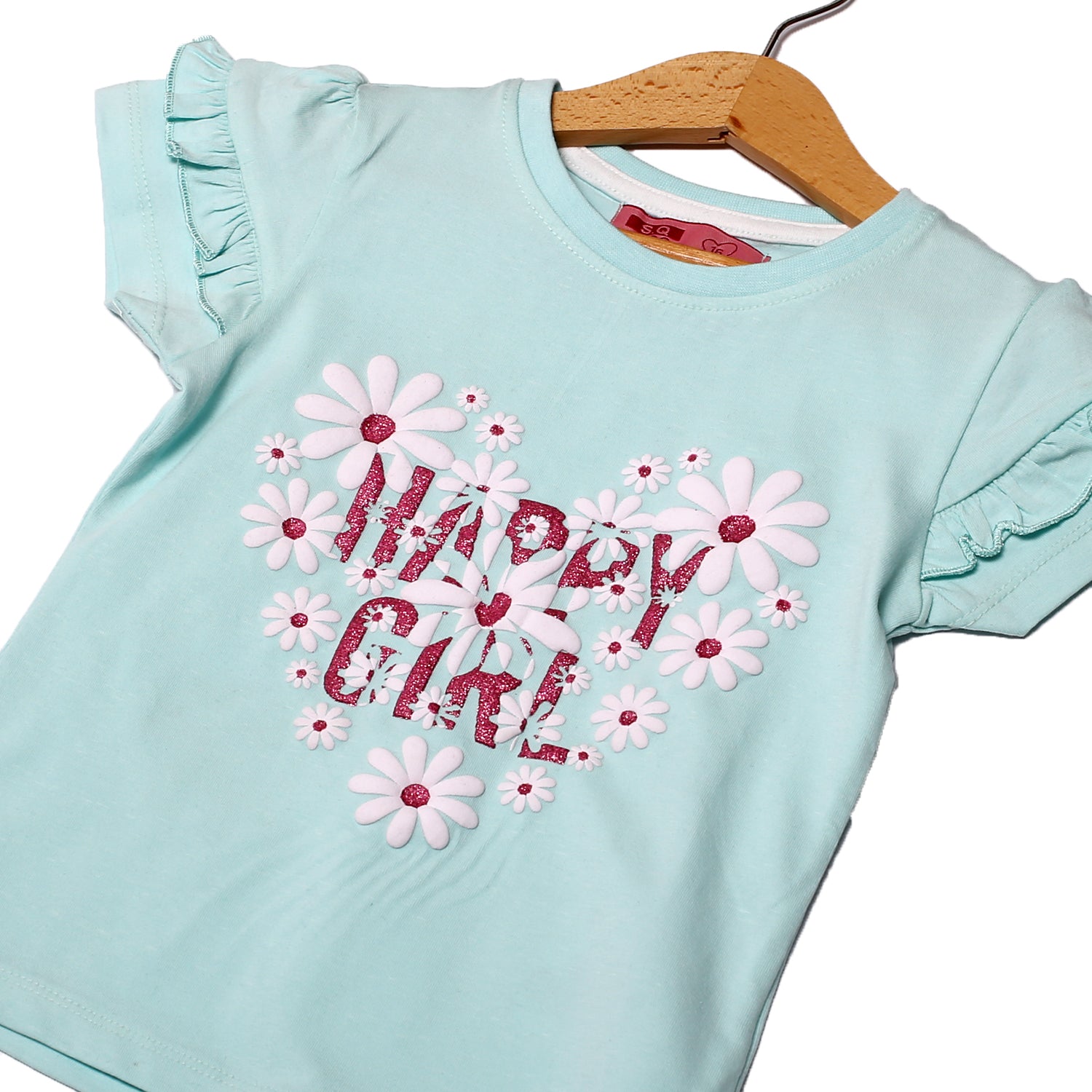 NEW SKY BLUE HAPPY GIRL HEART PRINTED LYCRA FABRIC T-SHIRT FOR GIRLS