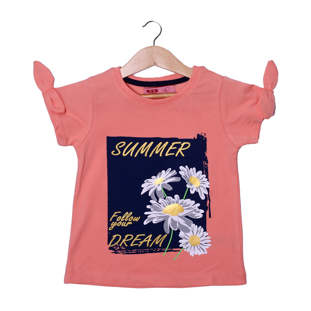 NEW PEACH SUMMER DREAM PRINTED LYCRA FABRIC T-SHIRT FOR GIRLS