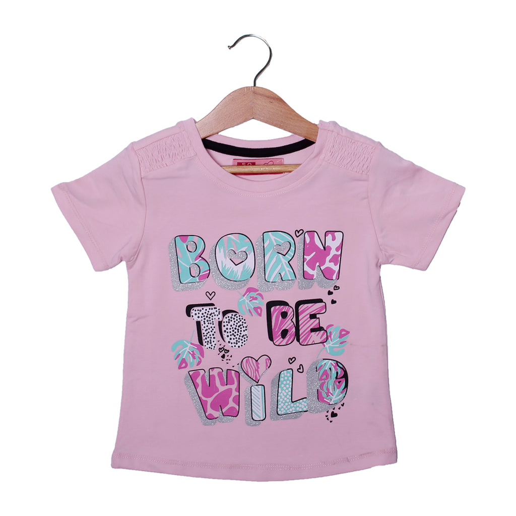 NEW PINK BORN TO BE WILD PRINTED LYCRA FABRIC T-SHIRT FOR GIRLS