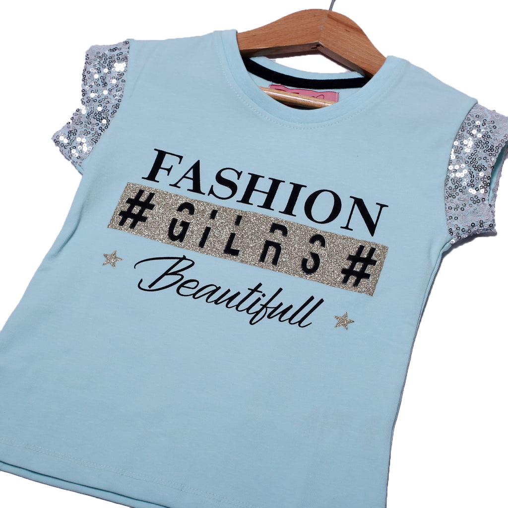 NEW SKY BLUE FASHION GIRLS PRINTED LYCRA FABRIC T-SHIRT FOR GIRLS