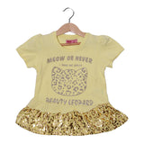 NEW YELLOW MEOW OR NEVER PRINTED LYCRA FABRIC T-SHIRT TOP FOR GIRLS
