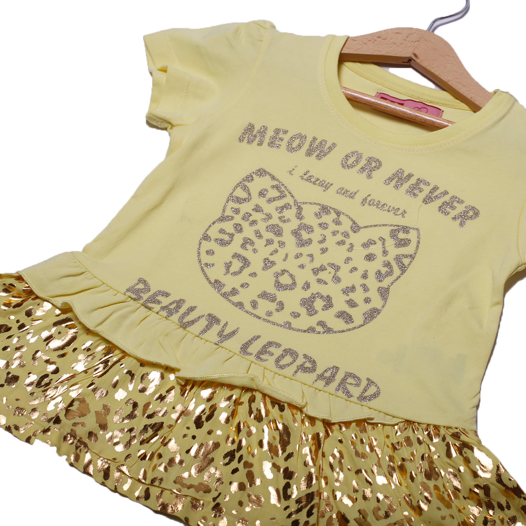 NEW YELLOW MEOW OR NEVER PRINTED LYCRA FABRIC T-SHIRT TOP FOR GIRLS