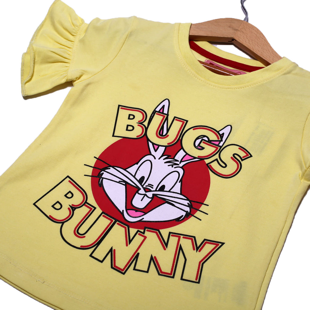 NEW YELLOW BUGS BUNNY PRINTED LYCRA FABRIC T-SHIRT FOR GIRLS