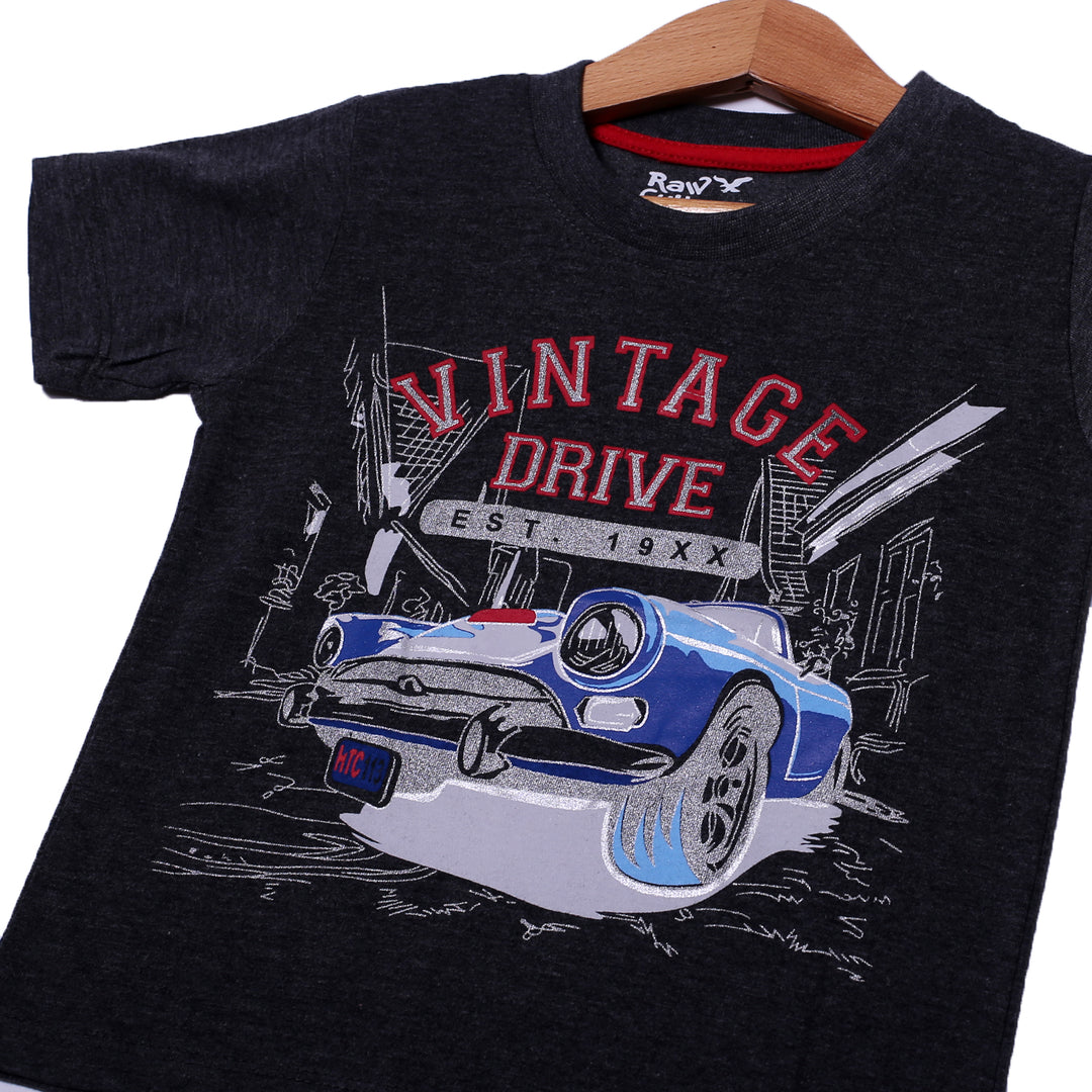 NEW CHARCOAL GREY VINTAGE DRIVE PRINTED HALF SLEEVES T-SHIRT