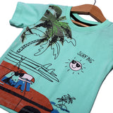 NEW SEA GREEN SURFING WITH TREE PRINTED HALF SLEEVES T-SHIRT