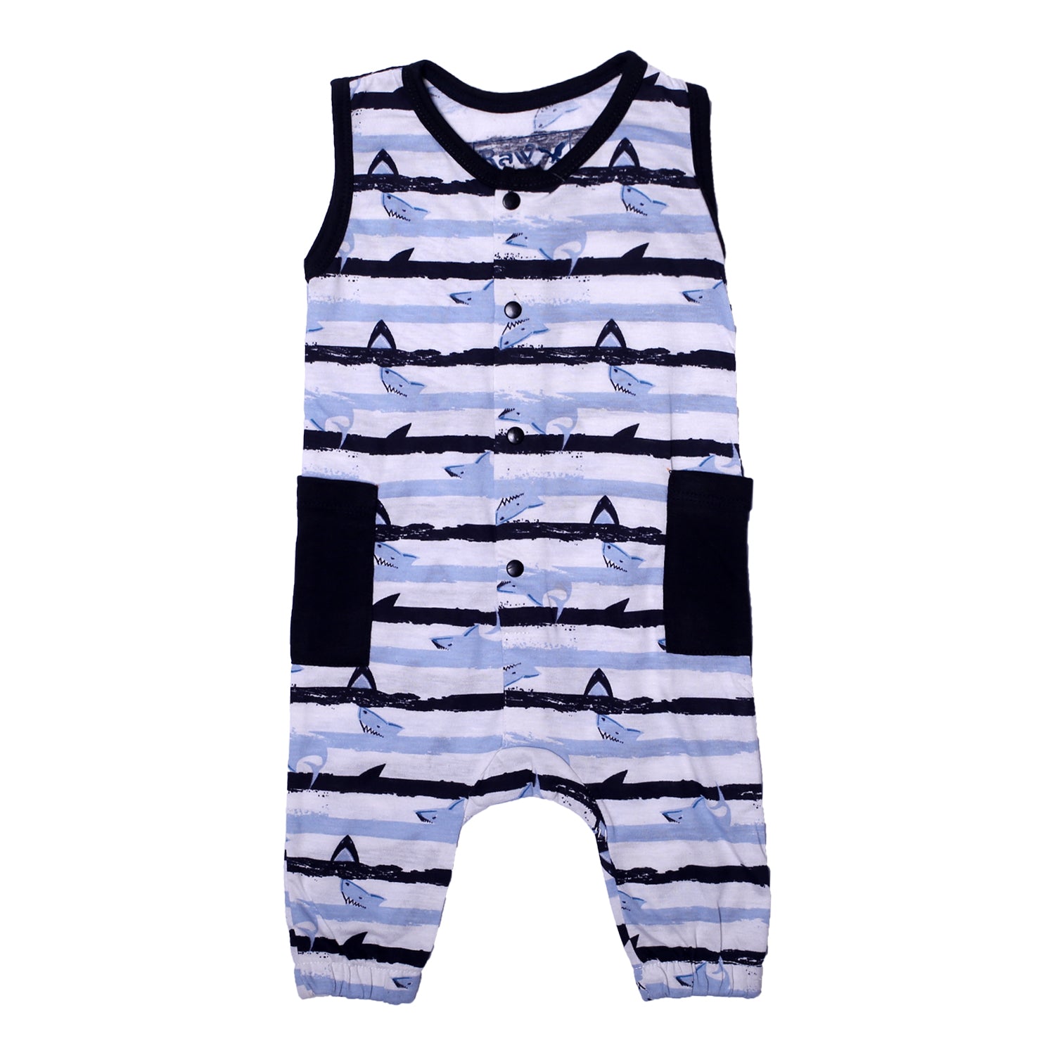 NEW WHITE FULL BODY SLEEVE LESS SHARK PRINTED WITH POCKETS ROMPER Main image