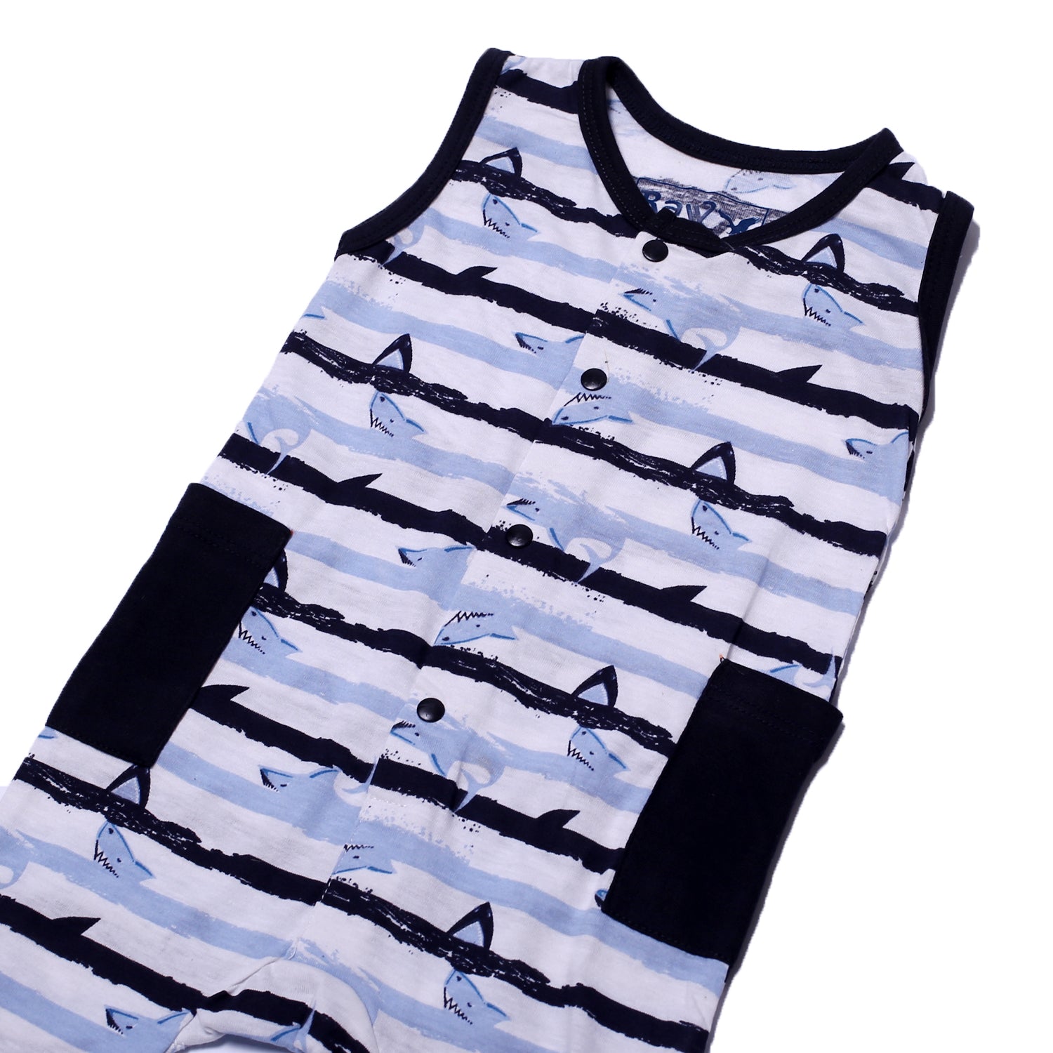 NEW WHITE FULL BODY SLEEVE LESS SHARK PRINTED WITH POCKETS ROMPER Secondary image