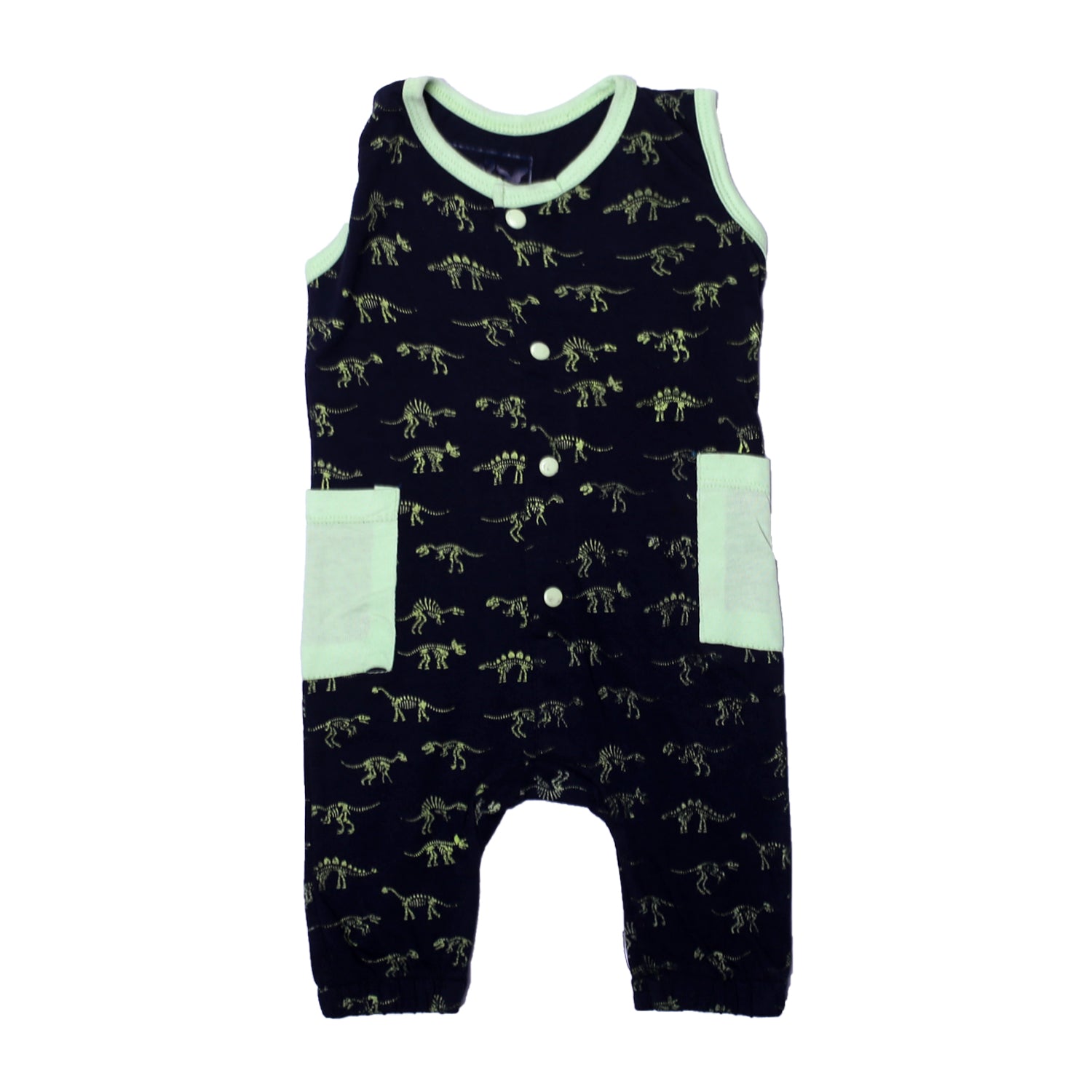 NEW NAVY BLUE FULL BODY SLEEVE LESS DINO SKELETON PRINTED WITH POCKETS ROMPER