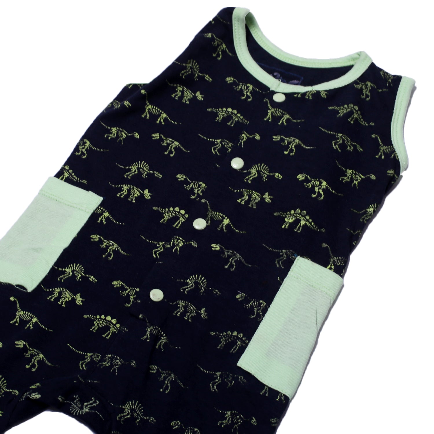 NEW NAVY BLUE FULL BODY SLEEVE LESS DINO SKELETON PRINTED WITH POCKETS ROMPER