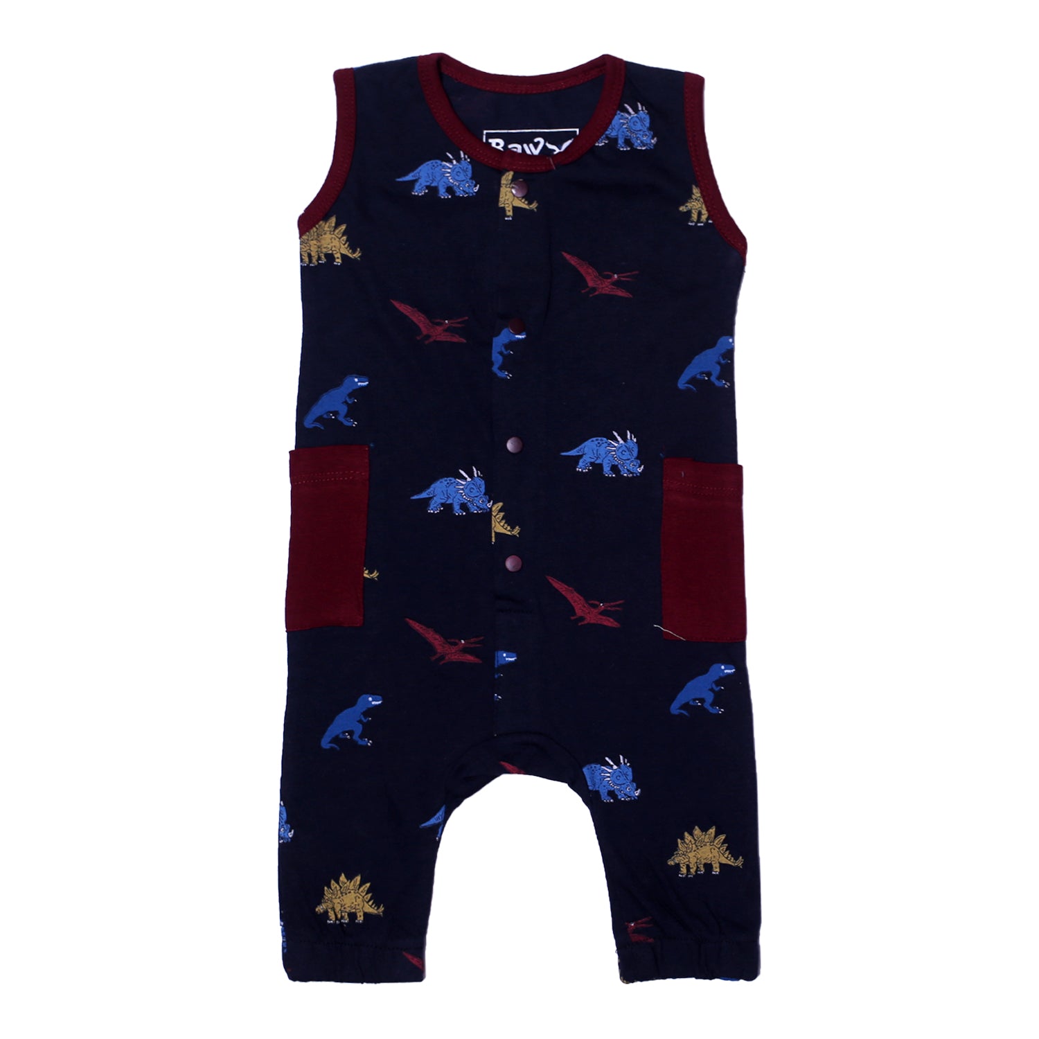 NAVY BLUE FULL BODY SLEEVE LESS DINO PRINTED WITH MAROON POCKETS ROMPER