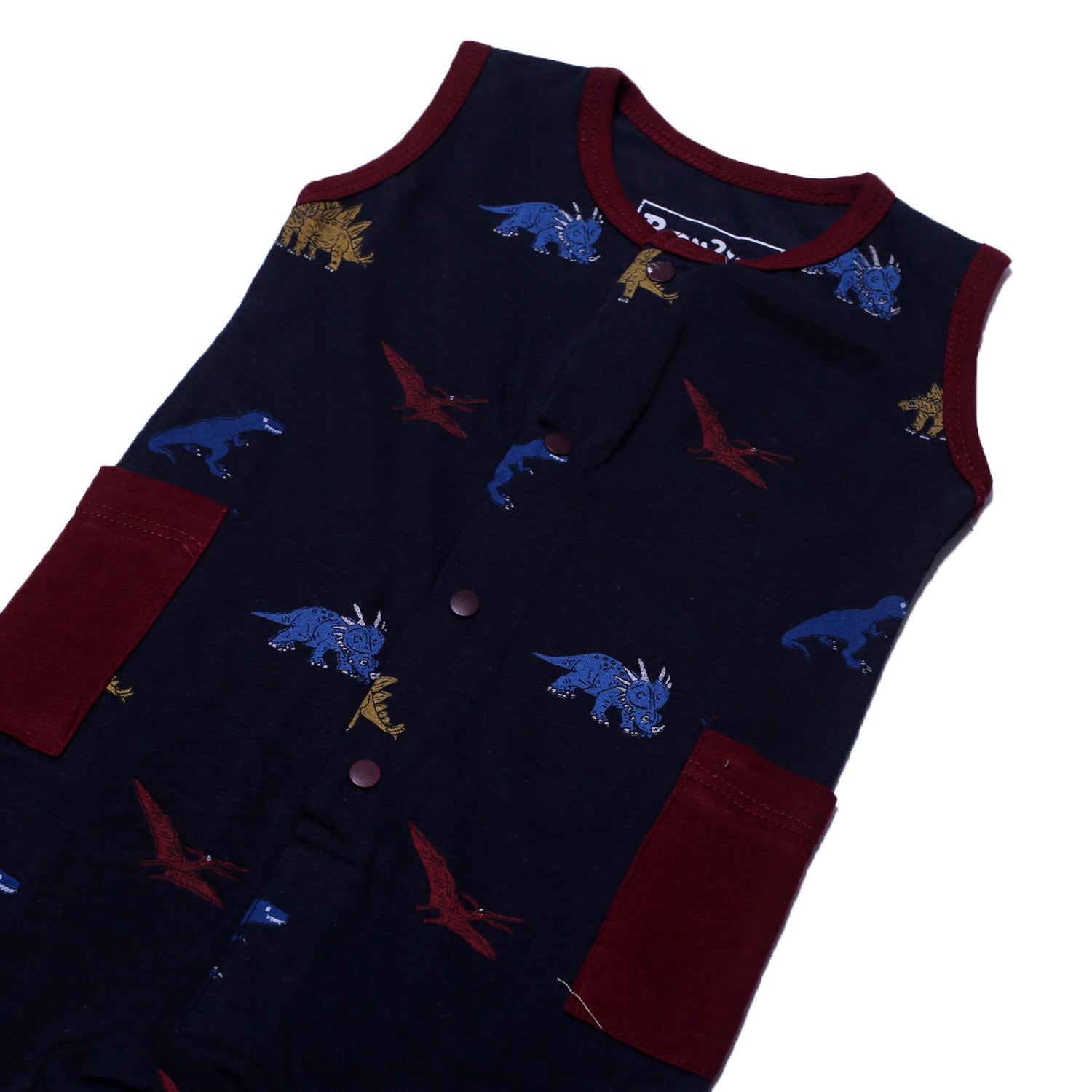 NAVY BLUE FULL BODY SLEEVE LESS DINO PRINTED WITH MAROON POCKETS ROMPER