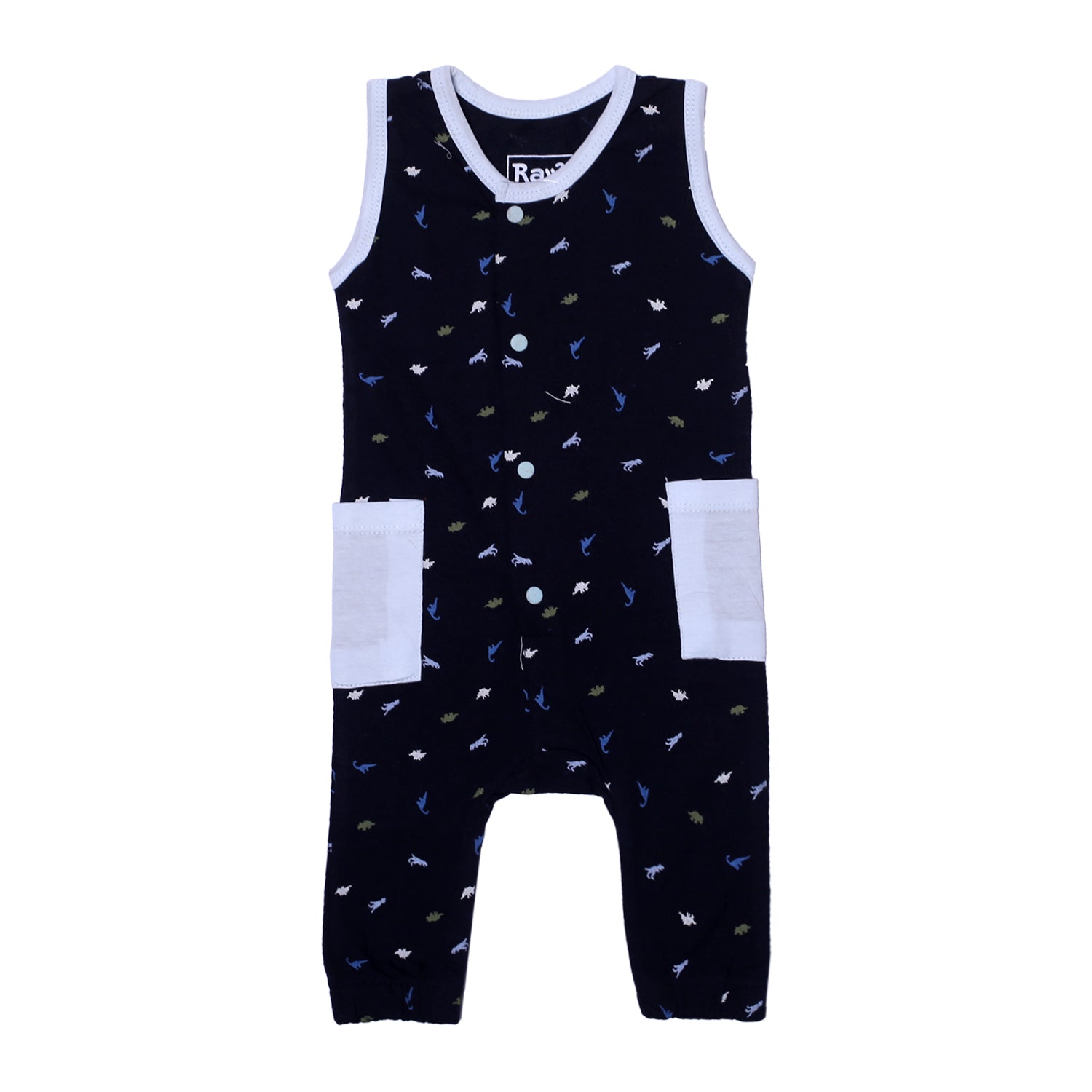 NAVY BLUE FULL BODY SLEEVE LESS DINO PRINTED WITH SKY BLUE POCKETS ROMPER Main image