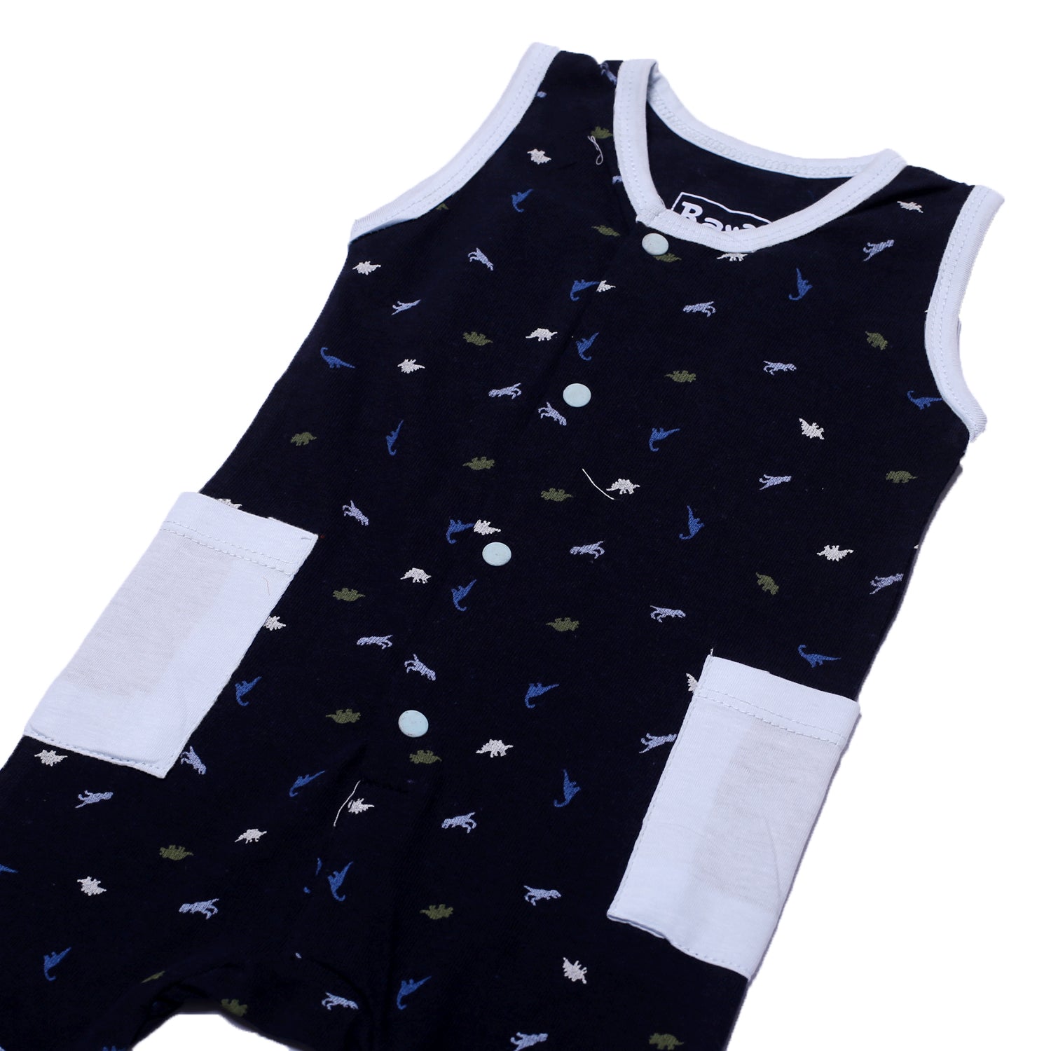 NAVY BLUE FULL BODY SLEEVE LESS DINO PRINTED WITH SKY BLUE POCKETS ROMPER Secondary image