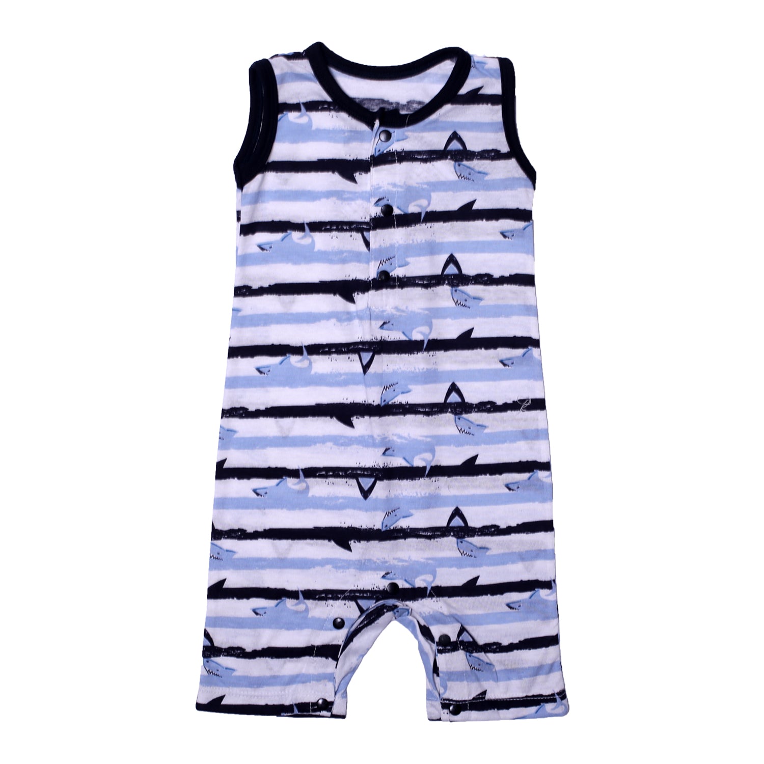WHITE FULL BODY SLEEVE LESS SHARK PRINTED ROMPER Main image