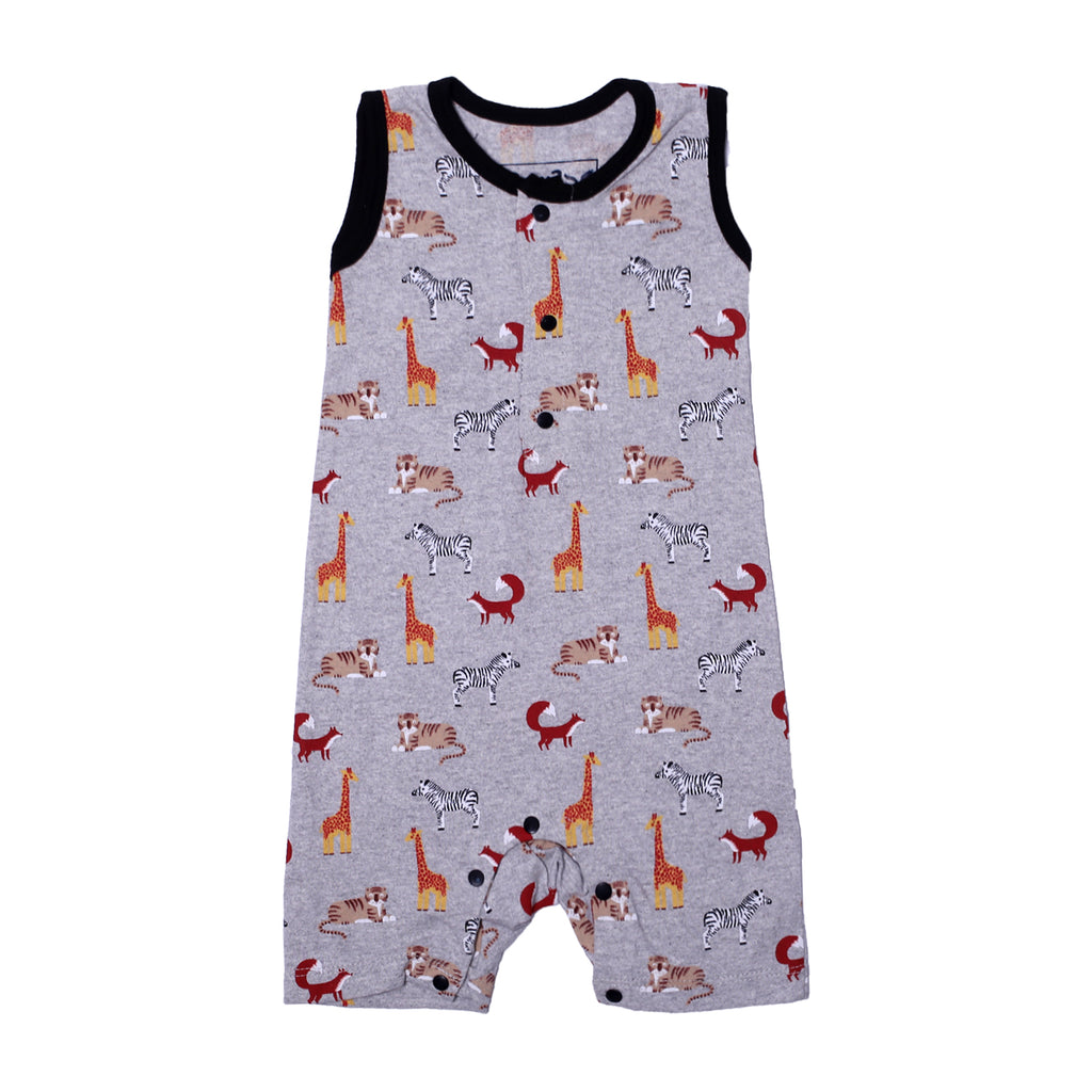 LIGHT GREY FULL BODY SLEEVE LESS ANIMALS PRINTED ROMPER