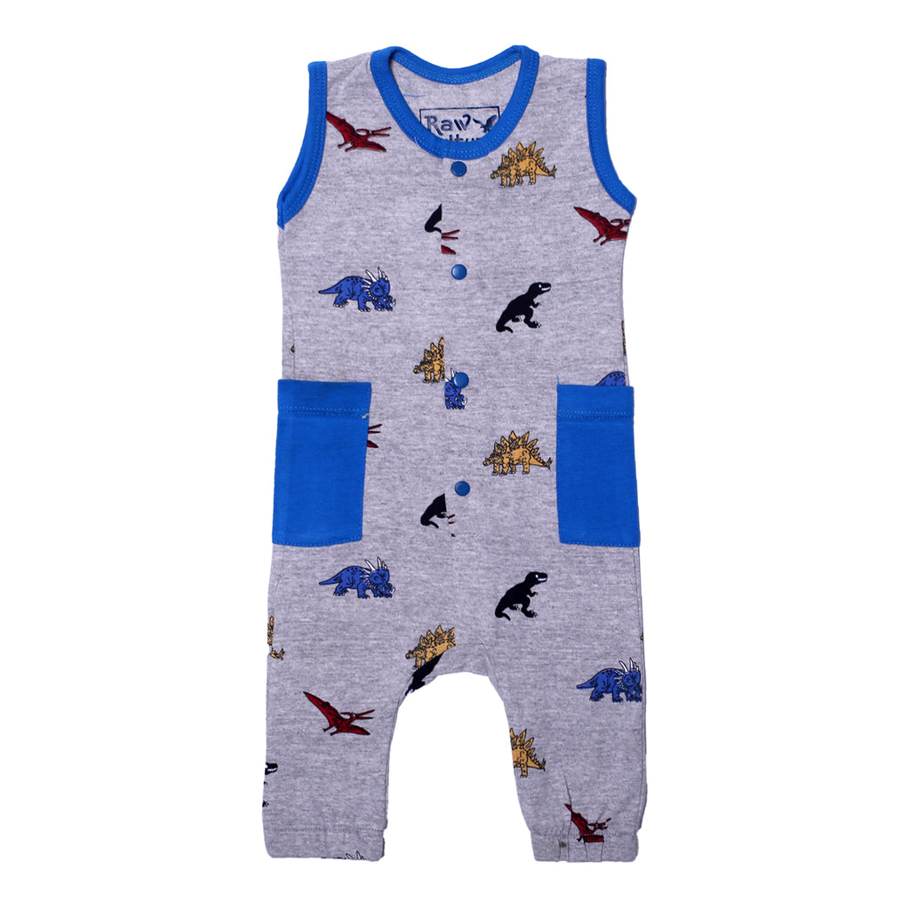 LIGHT GREY FULL BODY SLEEVE LESS DINO WITH ROYAL BLUE POCKETS PRINTED ROMPER