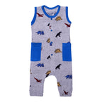 LIGHT GREY FULL BODY SLEEVE LESS DINO WITH ROYAL BLUE POCKETS PRINTED ROMPER