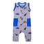 LIGHT GREY FULL BODY SLEEVE LESS DINO WITH ROYAL BLUE POCKETS PRINTED ROMPER