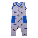 LIGHT GREY FULL BODY SLEEVE LESS DINO WITH ROYAL BLUE POCKETS PRINTED ROMPER