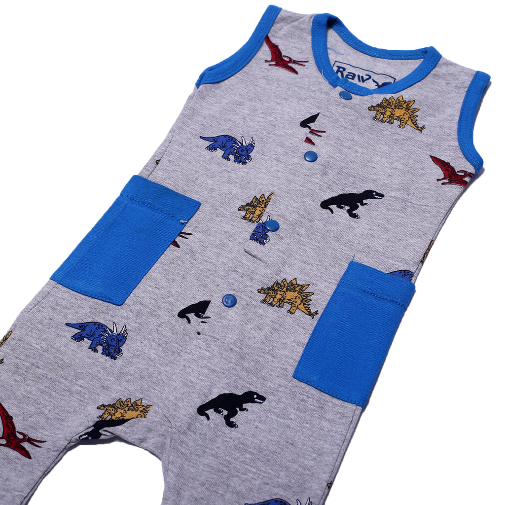 LIGHT GREY FULL BODY SLEEVE LESS DINO WITH ROYAL BLUE POCKETS PRINTED ROMPER